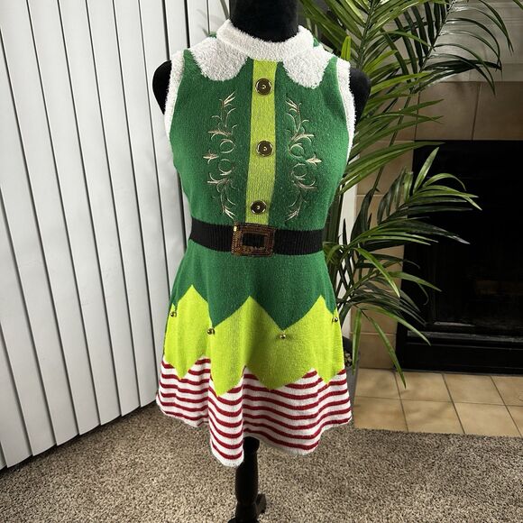 No Boundaries Elf Dress Women's Sz S (3-5) Green Red White Bells Hooded Striped - Picture 1 of 14